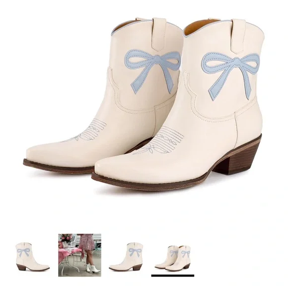 Marfa Cream and Blue Ankle Boots with Bow Detail - Picture 12 of 13
